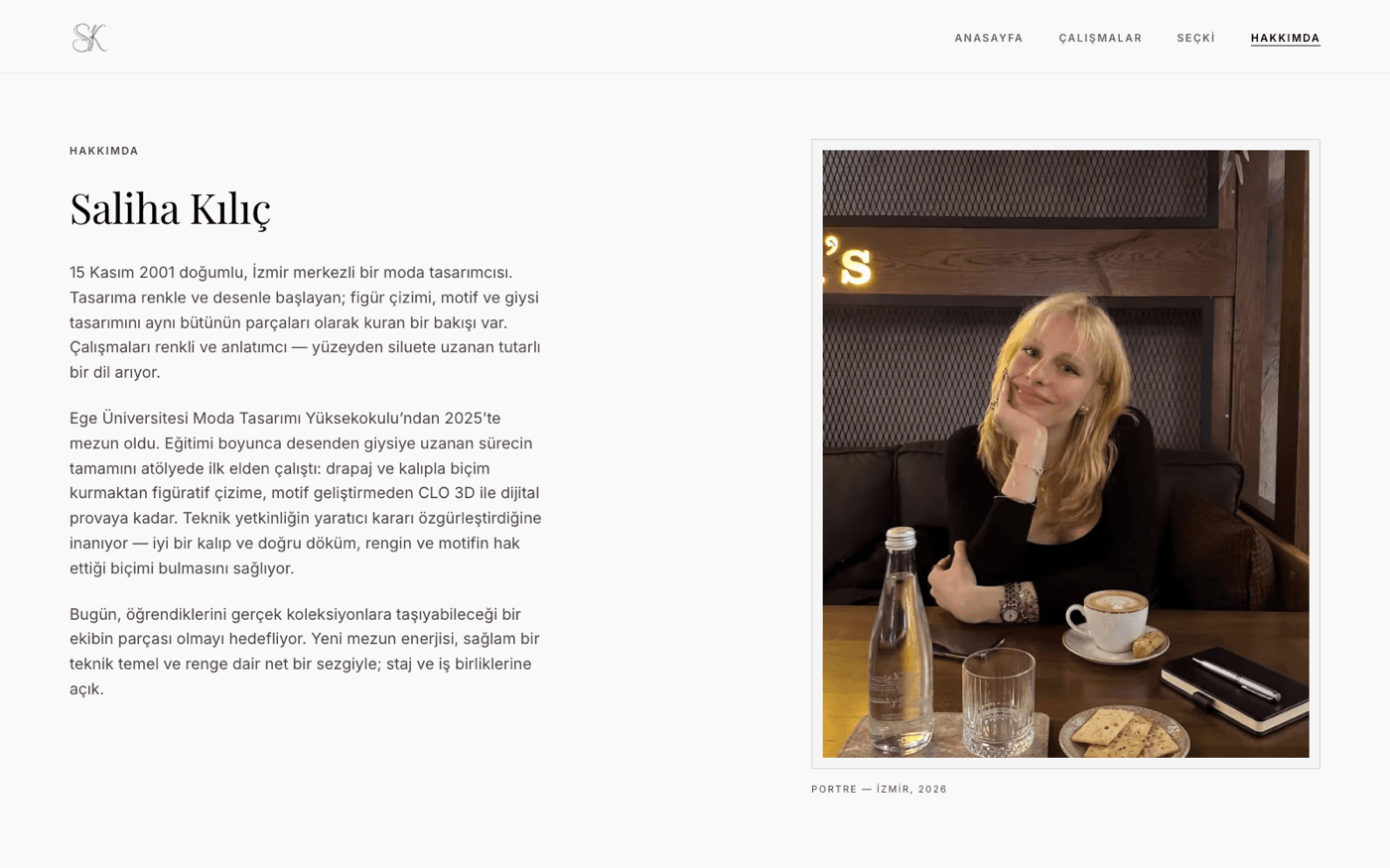 About page — designer portrait and grounded bio