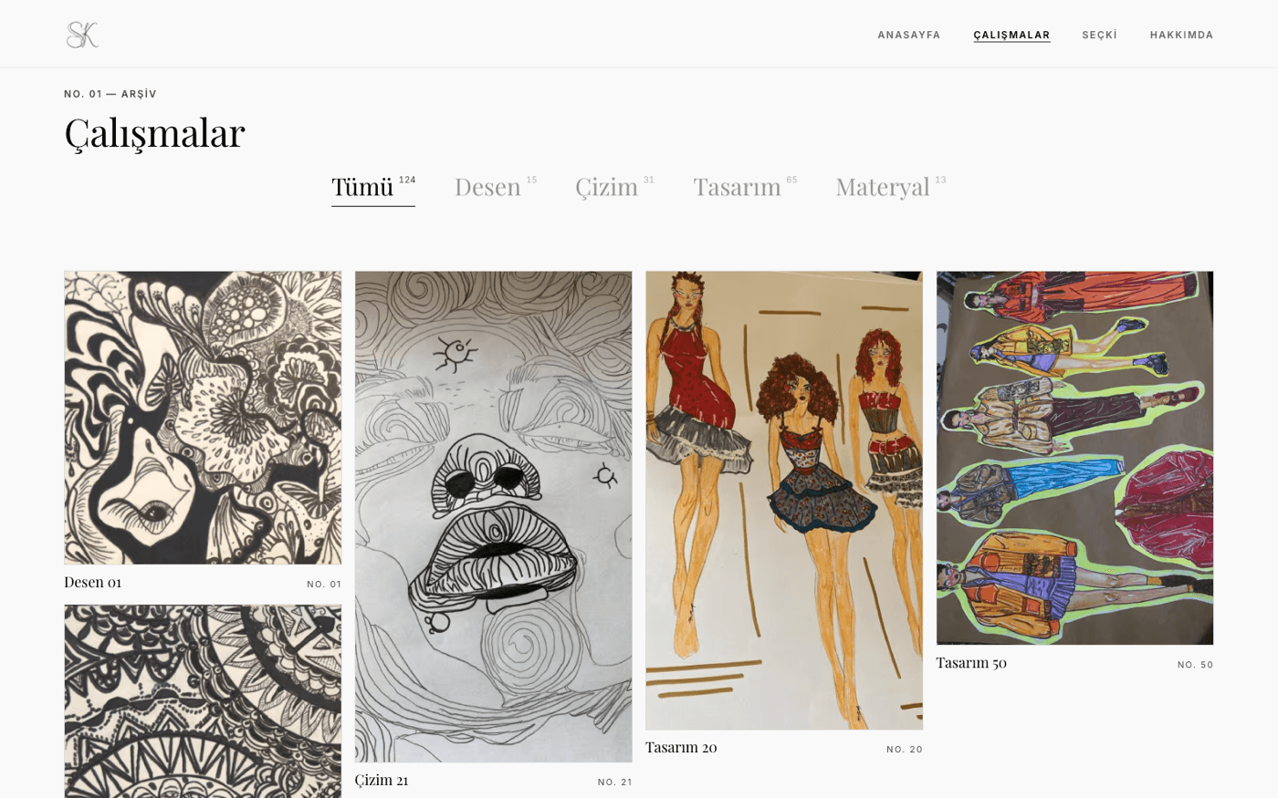 Collections — masonry gallery of 124 works with category dial filter