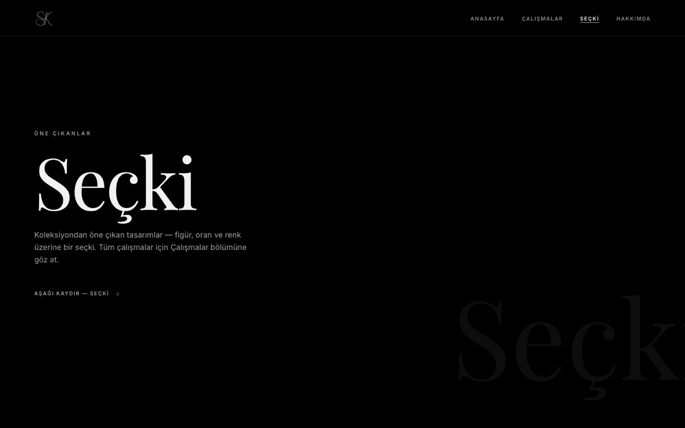 Seçki — dark showcase intro with scroll-driven 3D ring of featured pieces